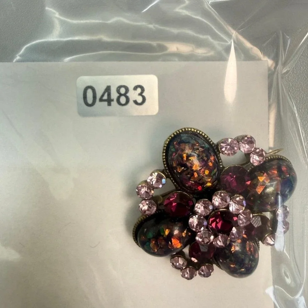 Purple‎ Pink Confetti Glass Rhinestone Floral Brooch Foiled Statement
